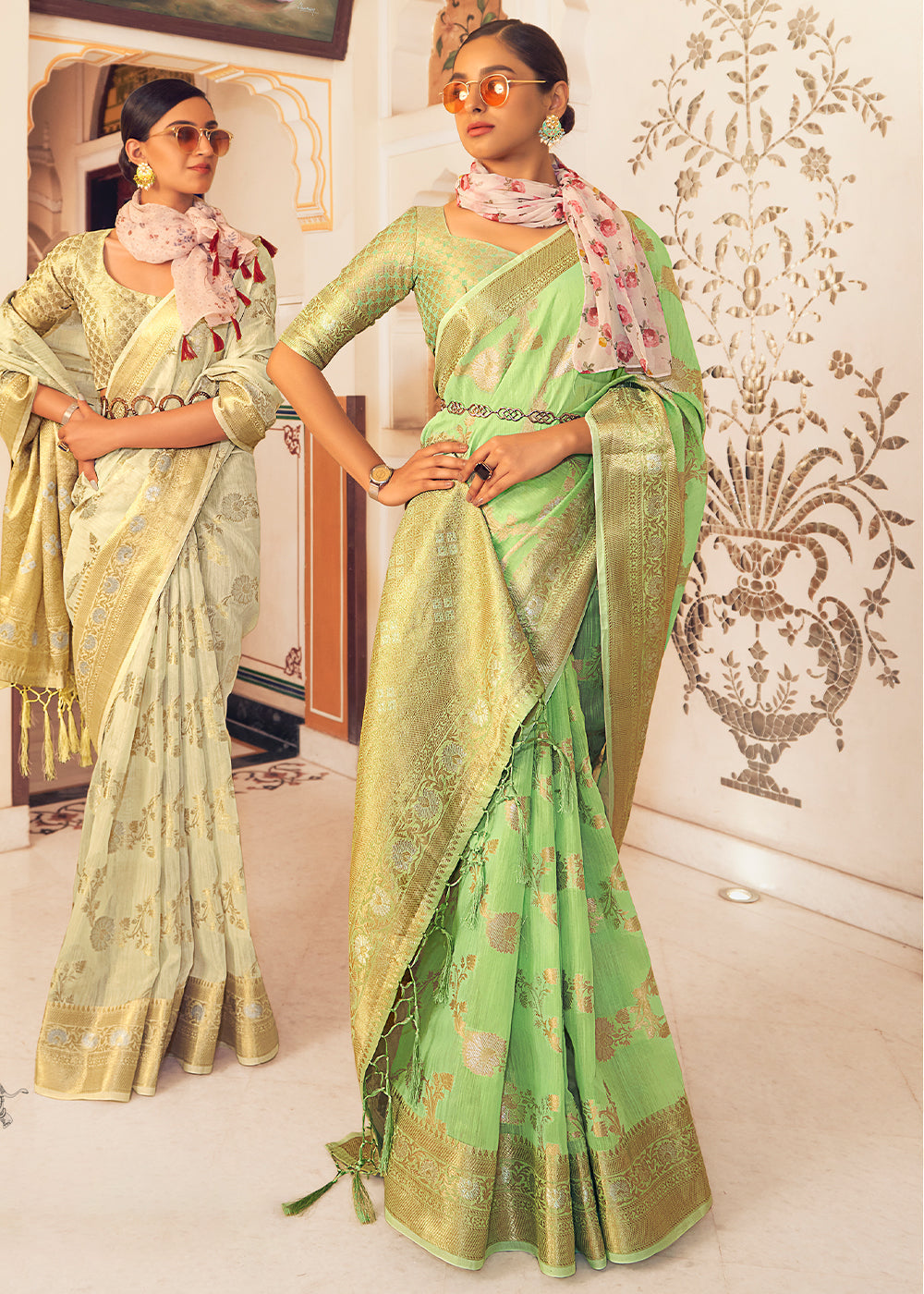 Wild Willow Green Zari Woven Linen Silk Saree