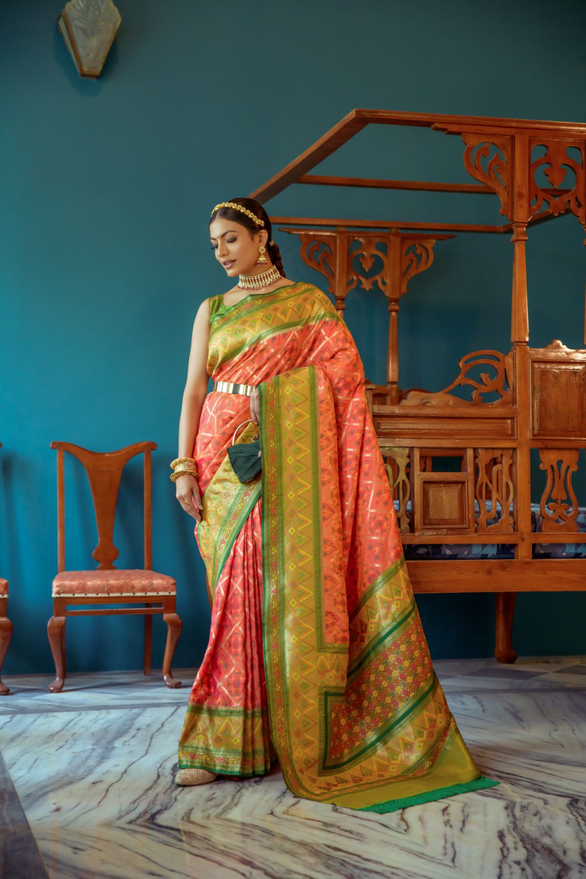 Big Foot Feet Orange Banarasi Patola Silk Saree