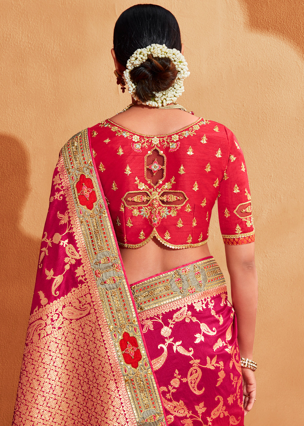 Cinnabar Red and Grey Embroidered Banarasi Silk Saree