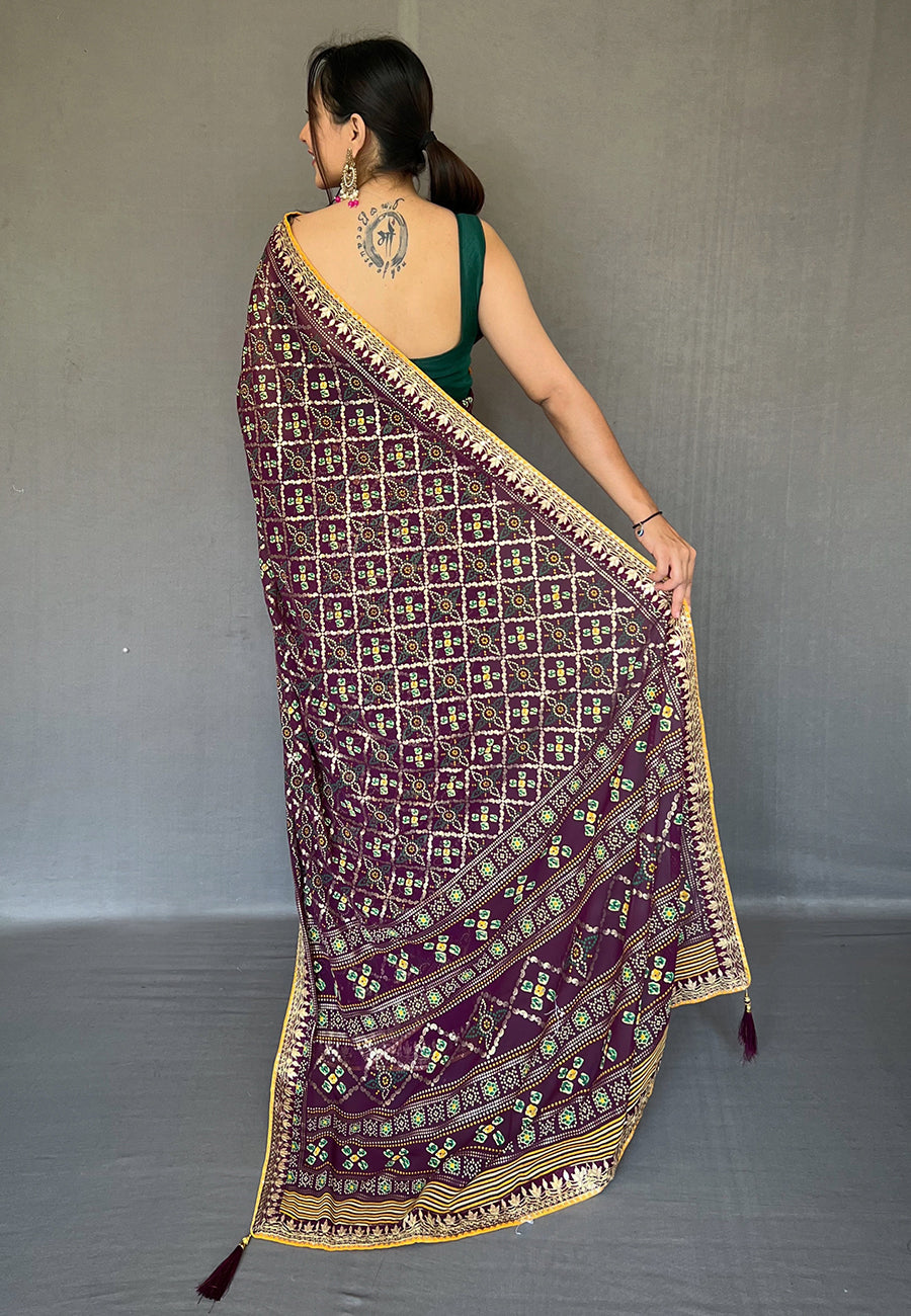 Livid Purple Embroidered Georgette Bandhani Saree