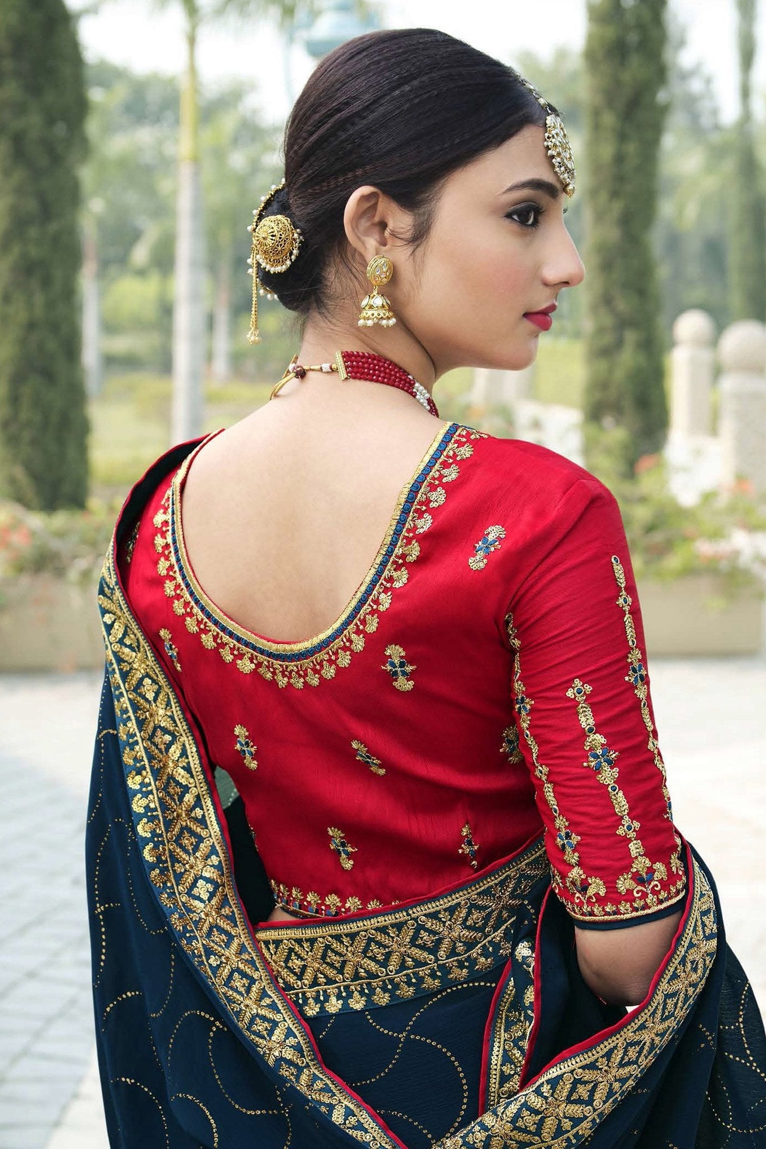 Firefly Blue and Red Chiffon Stone Work Saree