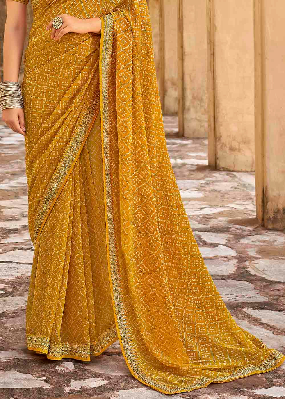 Rajah Yellow Georgette Leheriya Printed Saree with Embroidered Blouse