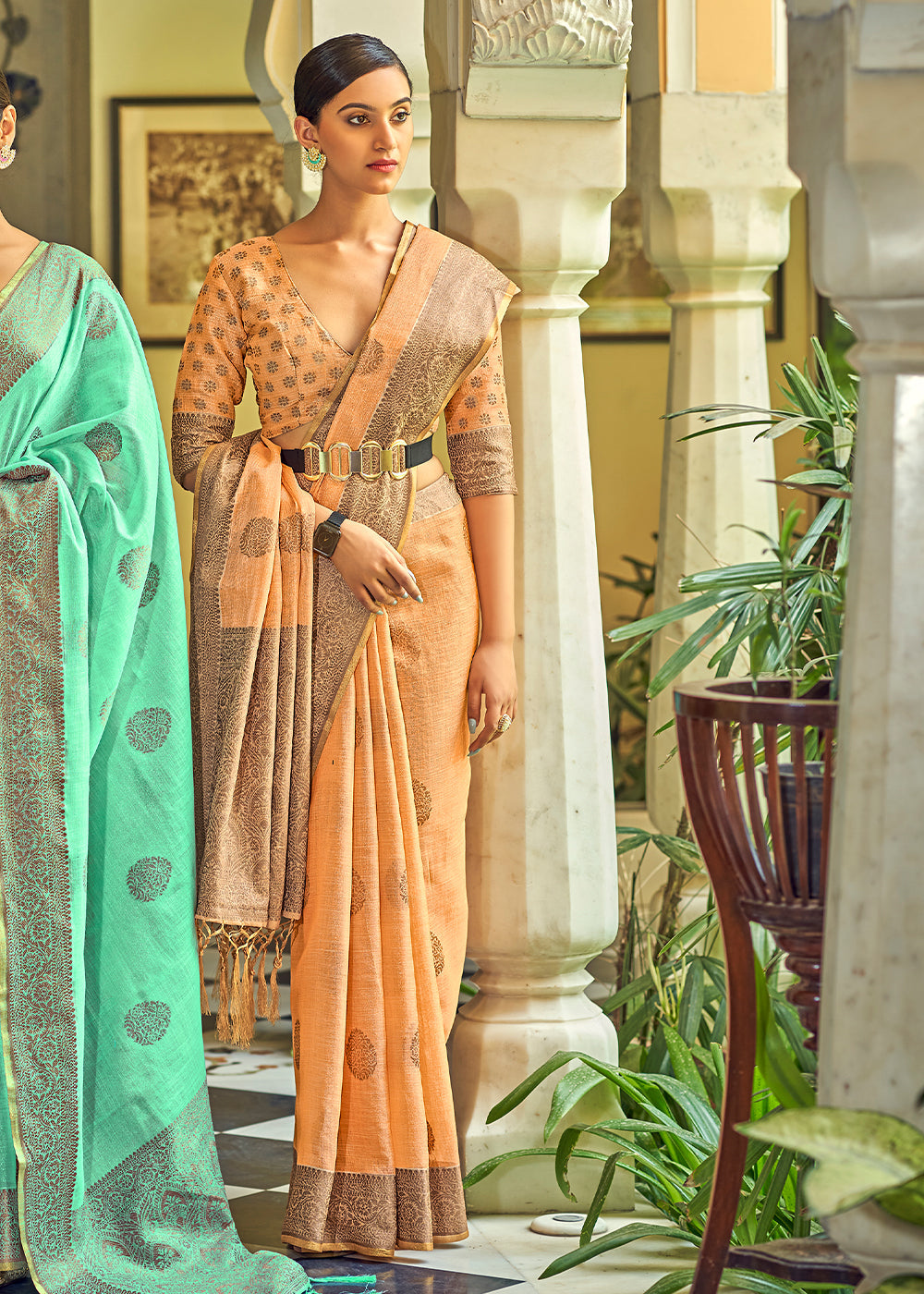 Rajah Orange Linen Silk Saree