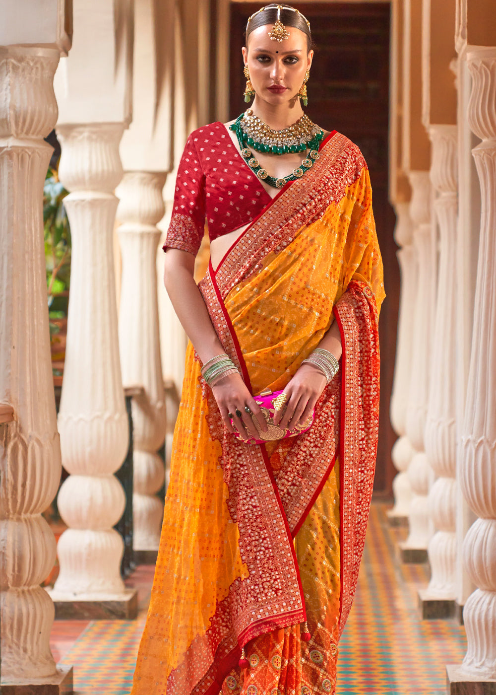 Sunshade Yellow Lehariya Georgette Silk Saree