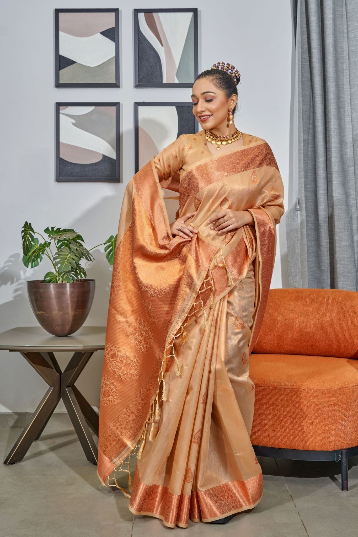 Chocolate Brown Woven Organza Tissue Silk Saree