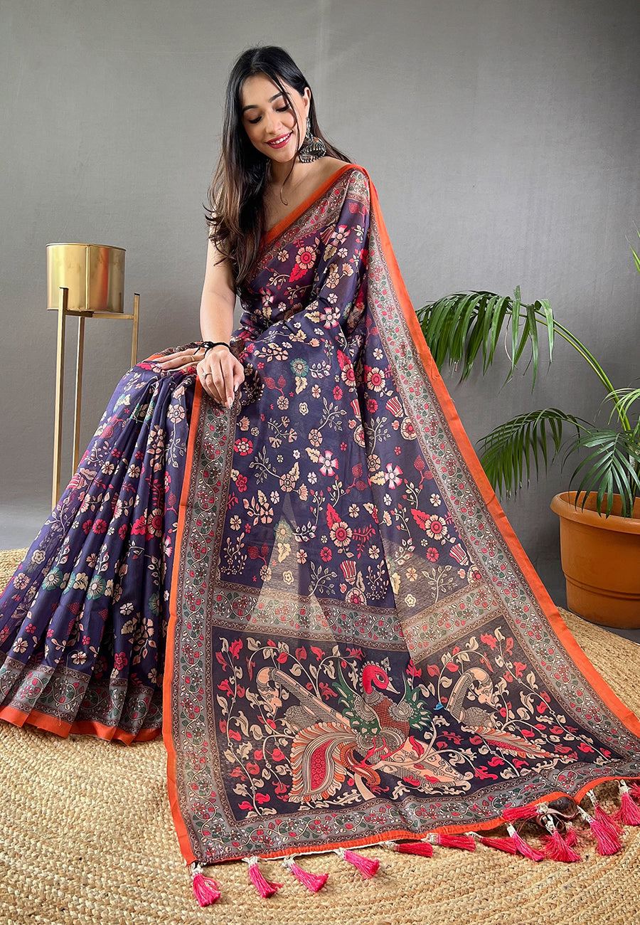 Smoky Blue Cotton Kalamkari Printed Saree