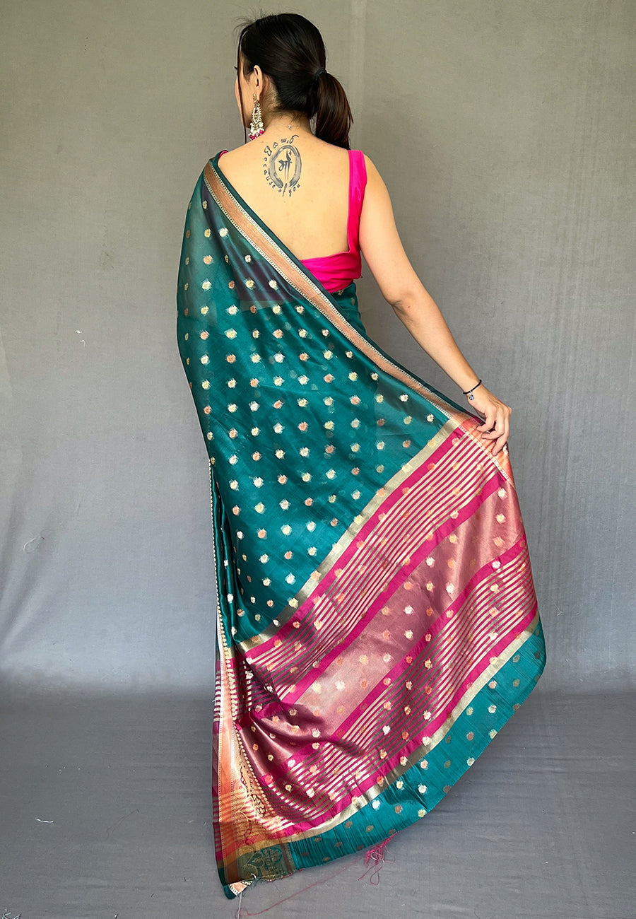 Metallic Green  Zari Woven Organza Silk Saree