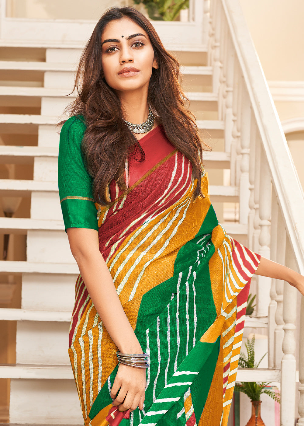 Witch Yellow Green and Red Cotton Saree With Leheriya Print