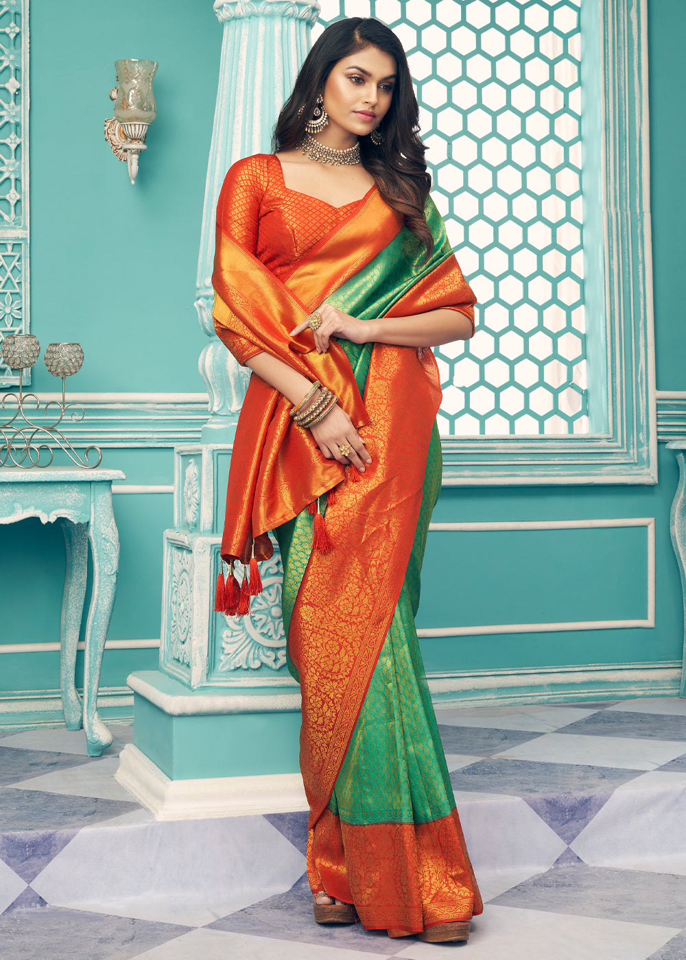 Aqua Forest Green and Red kanjivaram saree