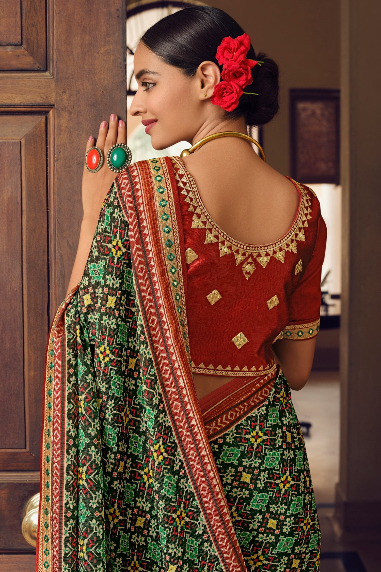 Chalet Green Patola Printed Saree