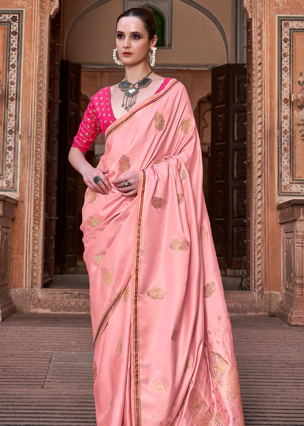 Sea Pink Woven Satin Silk Saree