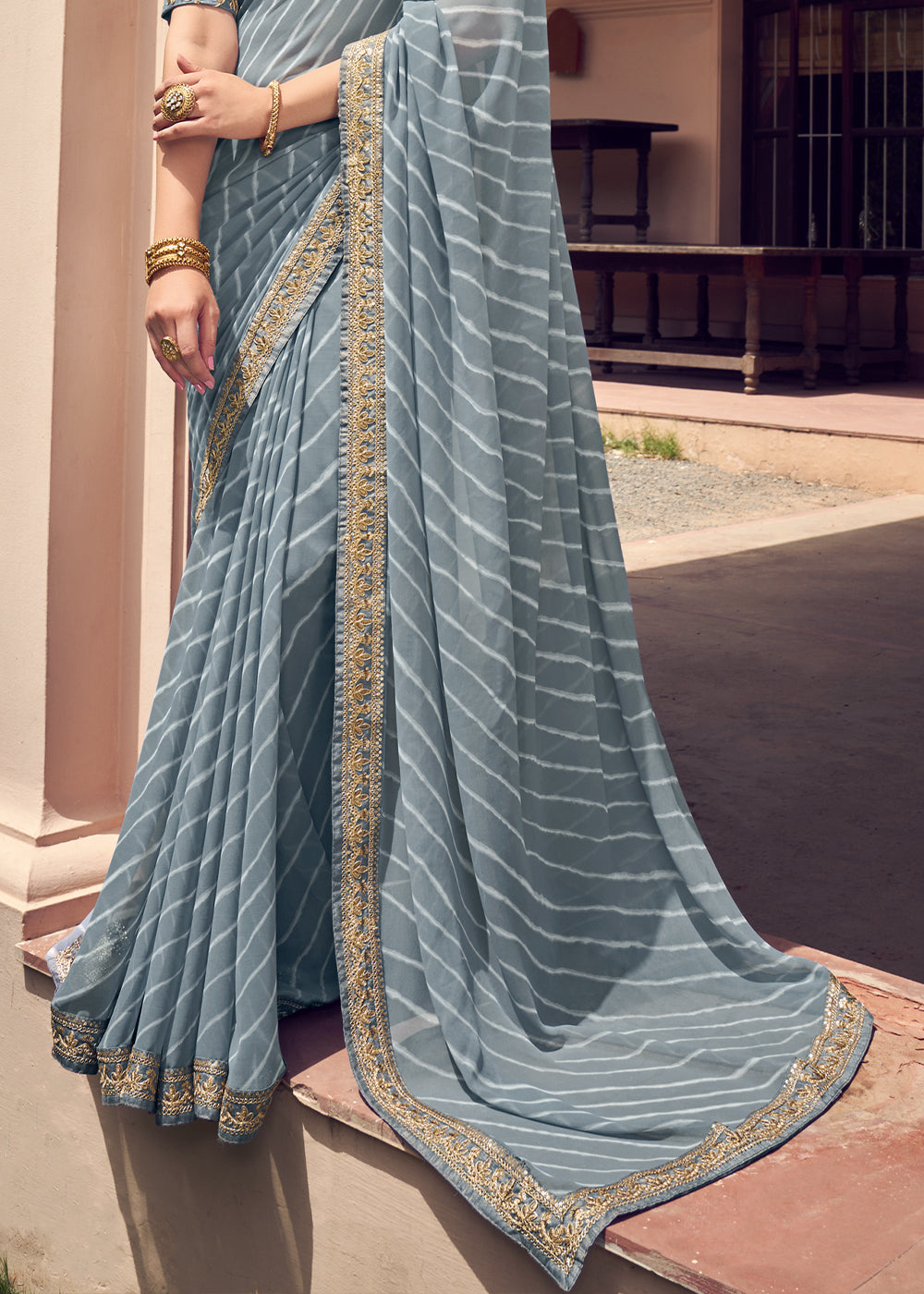 Sirocco Grey Lehriya Print Georgette Saree With Embroidered Blouse