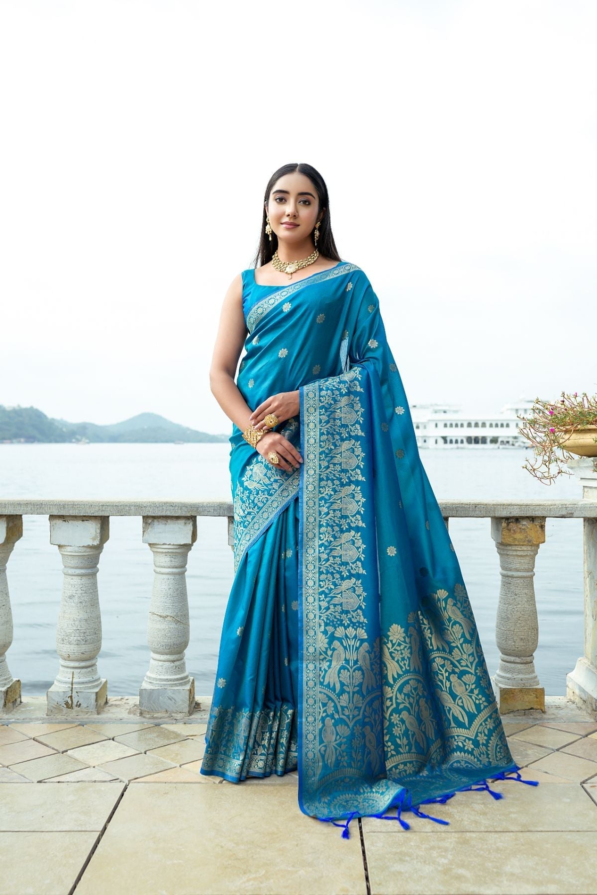 Bahama Blue Banarasi Soft Silk Saree