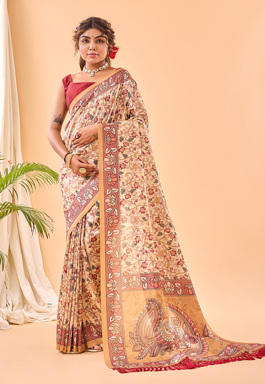 Tacao Yellow Floral Kalamkari Printed Saree