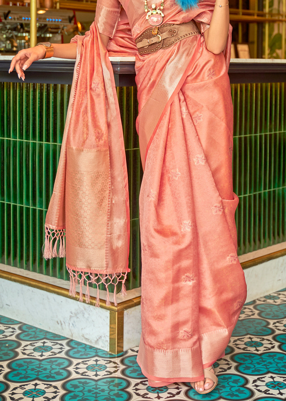 Geraldine Peach Woven Organza Silk Saree