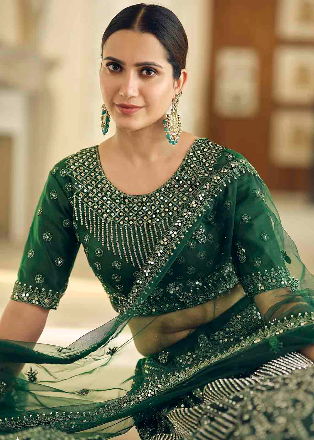 Leather Jacket Green Soft Net Lehenga Choli