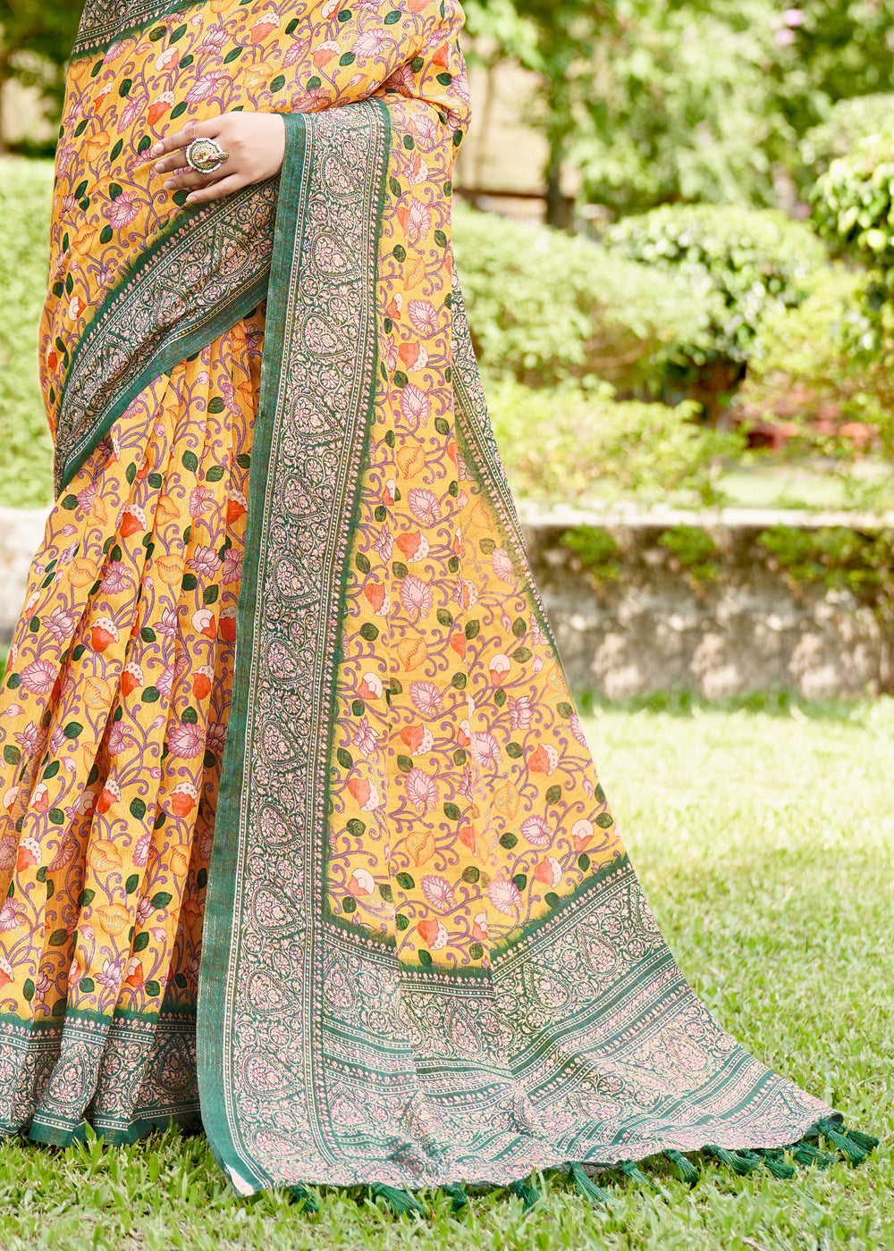 Sunset Yellow Linen Kalamkari Digital Print Saree