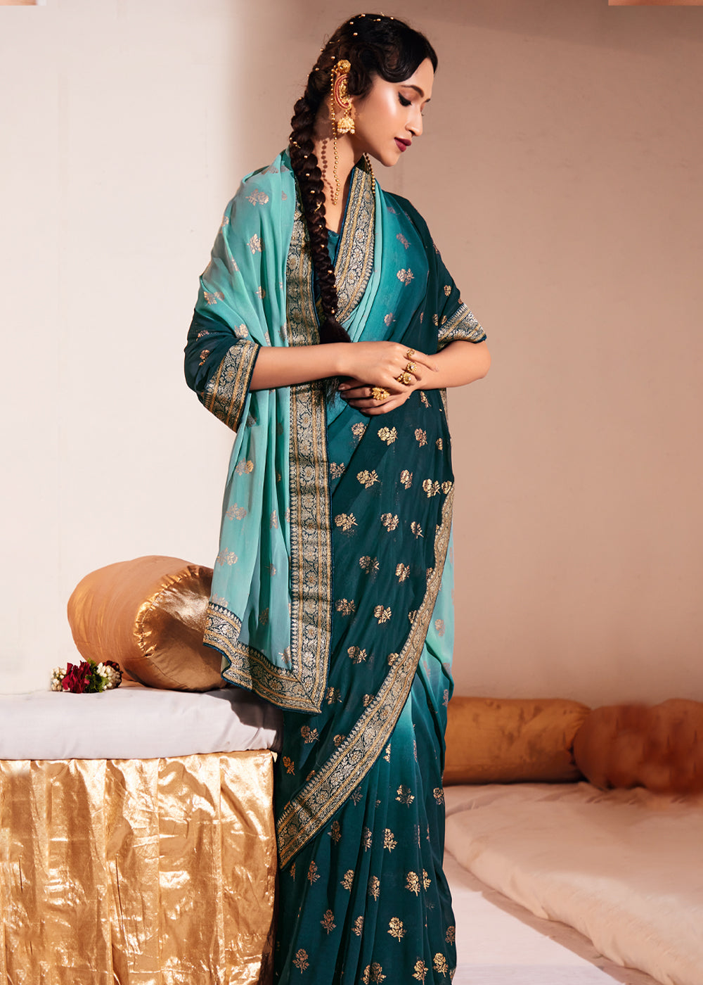 Keppel Blue Woven Georgette Silk Saree