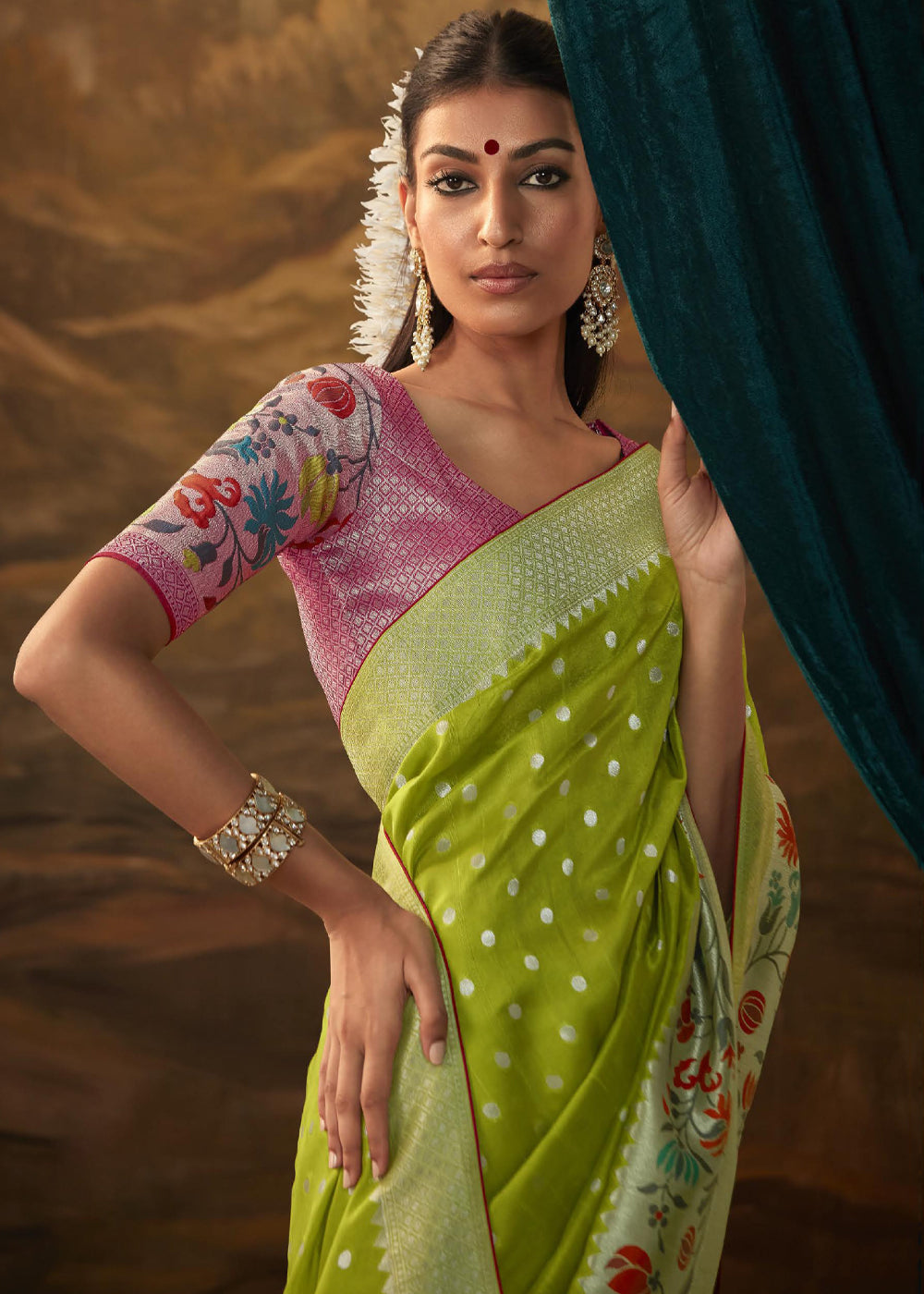 Alpine Green Woven Paithani Banarasi Soft Silk Saree