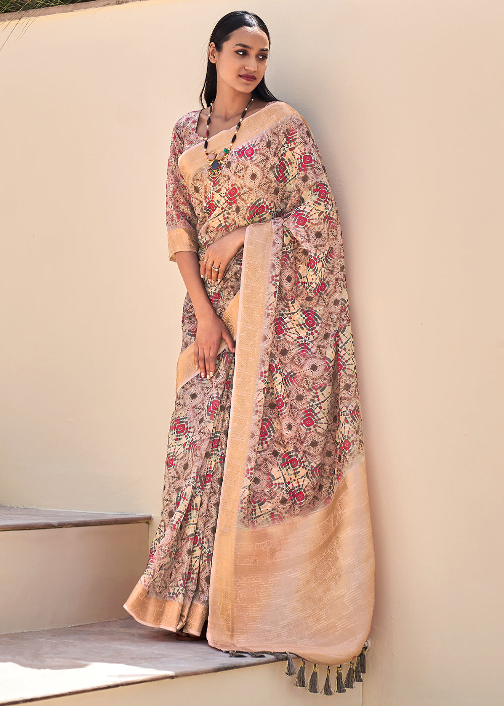 Tan Purple Digital Print Linen Saree