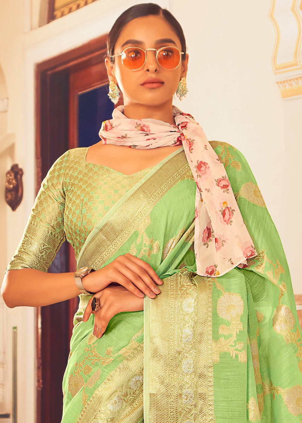 Wild Willow Green Zari Woven Linen Silk Saree