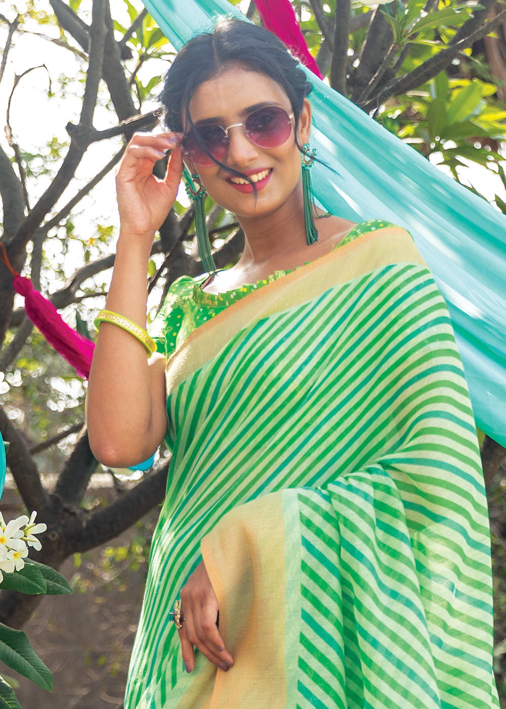 Mint Green Cotton Saree With Leheriya Print