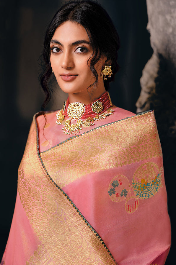 Sweet Pink Zari Woven Banarasi Saree