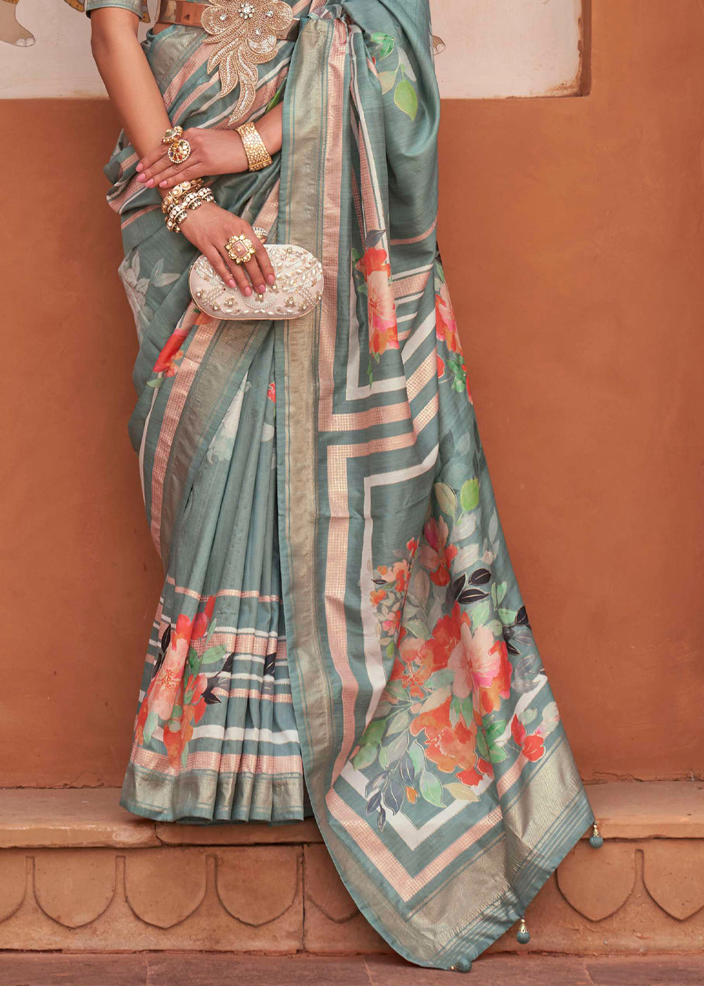 Mantle Green Soft Floral Printed Silk Saree