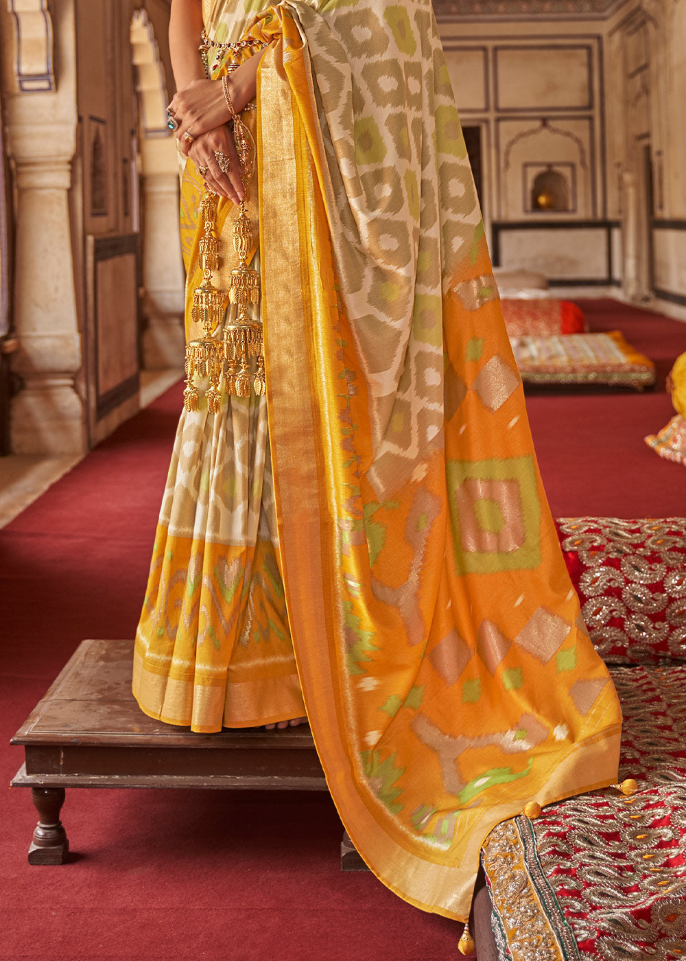 Anzac Yellow and Cream Printed Patola Silk Saree