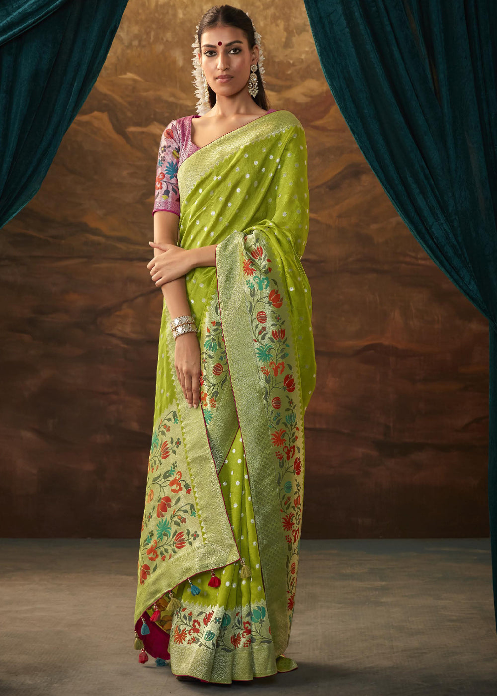 Alpine Green Woven Paithani Banarasi Soft Silk Saree