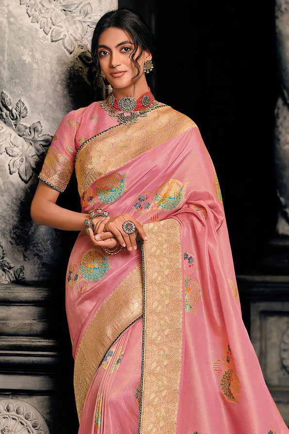 Sweet Pink Zari Woven Banarasi Saree