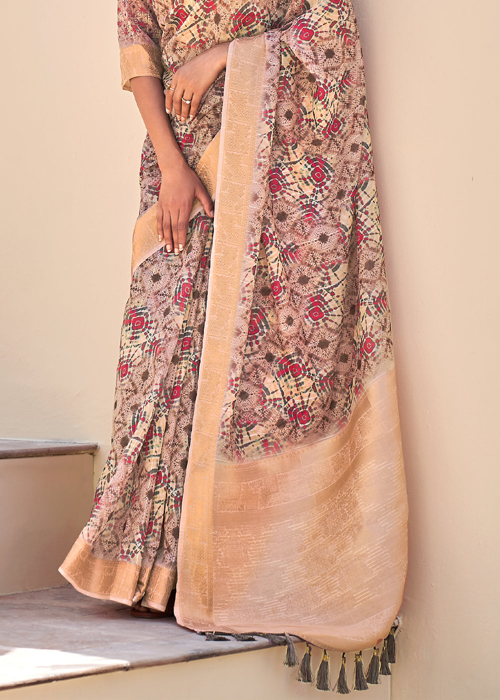 Tan Purple Digital Print Linen Saree