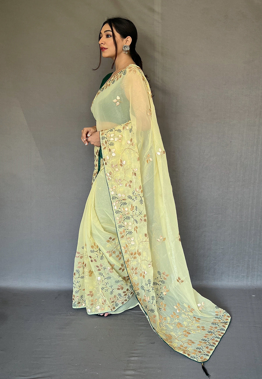 Pale Prim Yellow Embroidered Organza Silk Saree