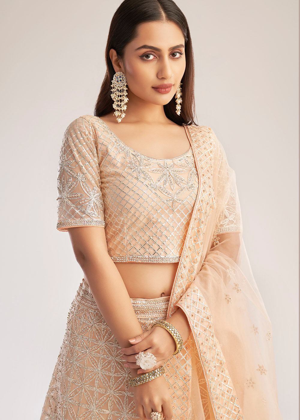 Manhattan Peach Net Designer Lehenga Choli