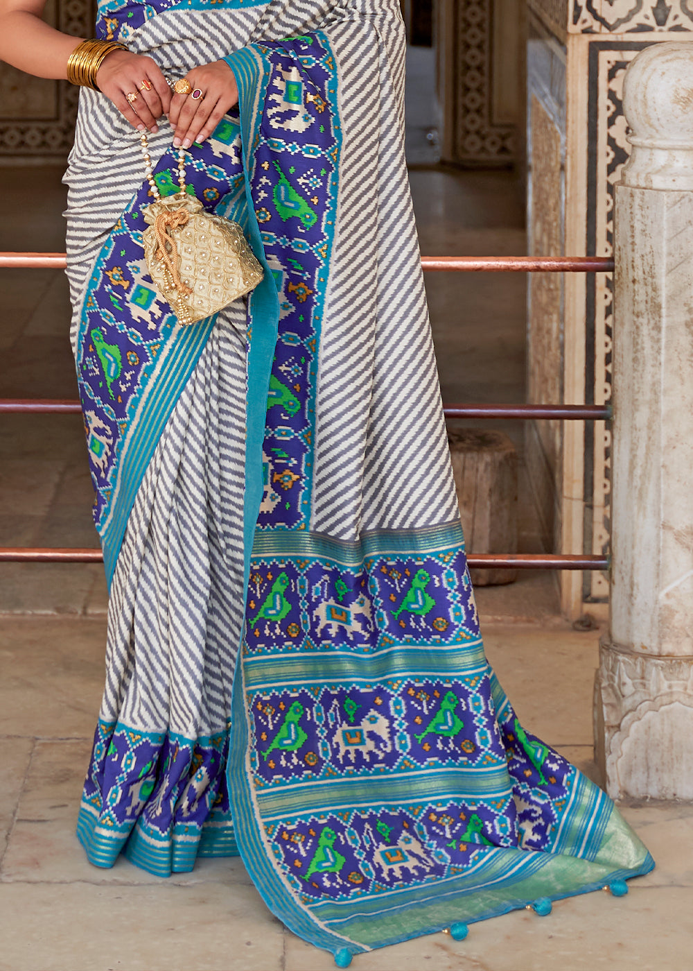 Geyser White and Blue Cotton Patola Printed Saree