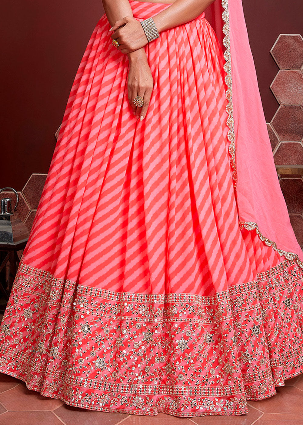 Froly Pink Lehariya Printed Organza Silk Lehenga Choli