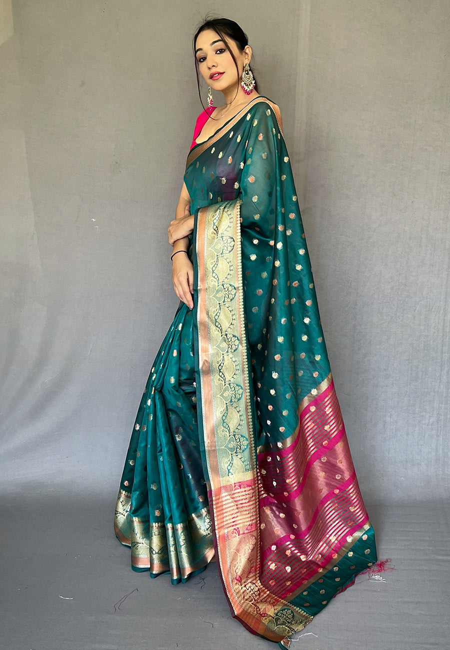 Metallic Green  Zari Woven Organza Silk Saree