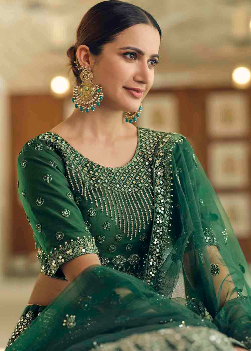 Leather Jacket Green Soft Net Lehenga Choli