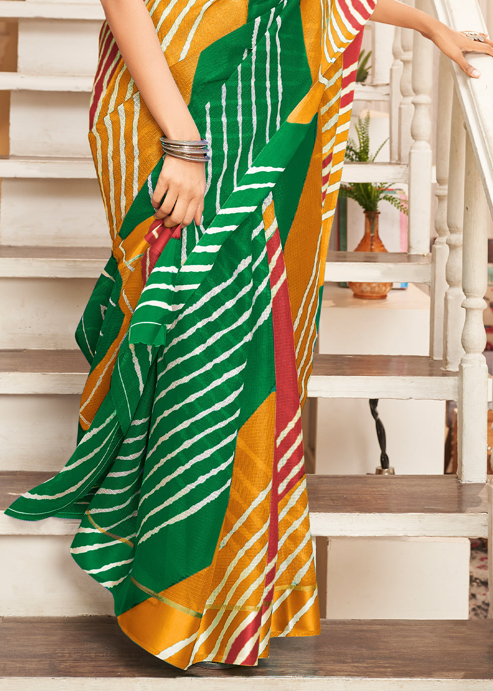 Witch Yellow Green and Red Cotton Saree With Leheriya Print