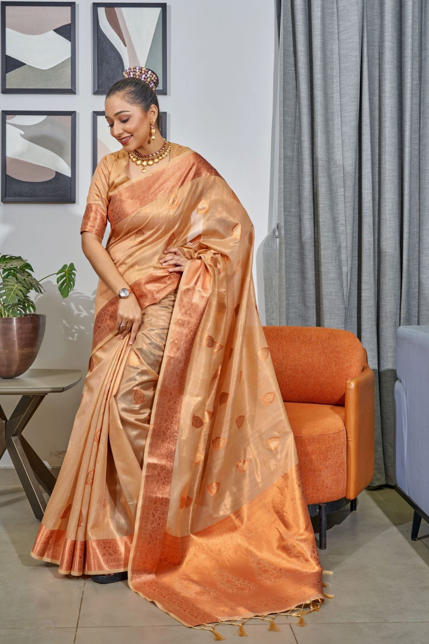 Chocolate Brown Woven Organza Tissue Silk Saree