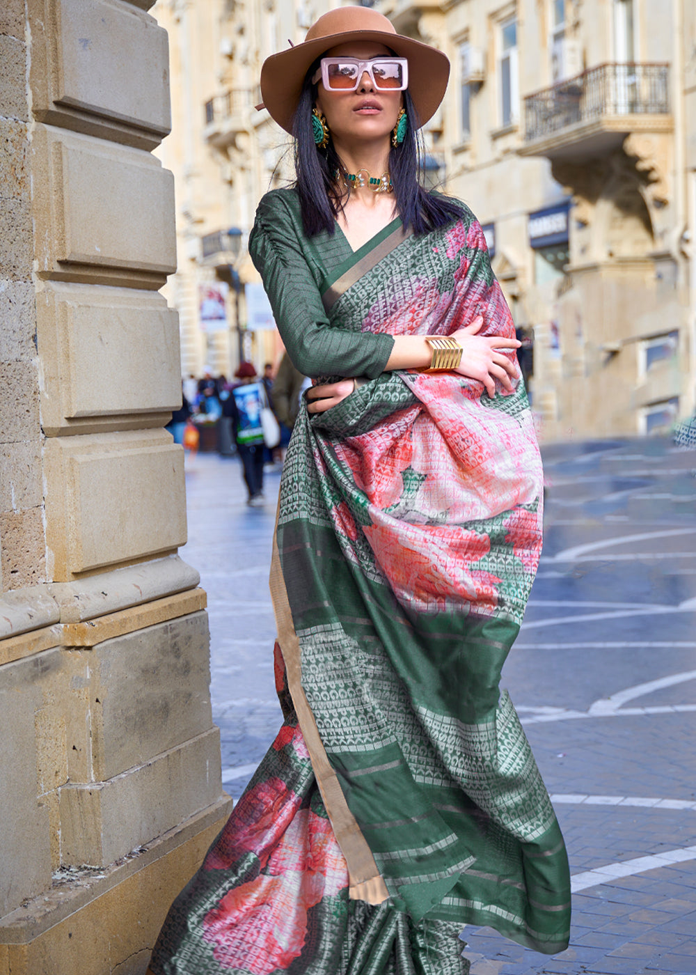 Lotus Pink and Green Printed Handloom Weaving Saree