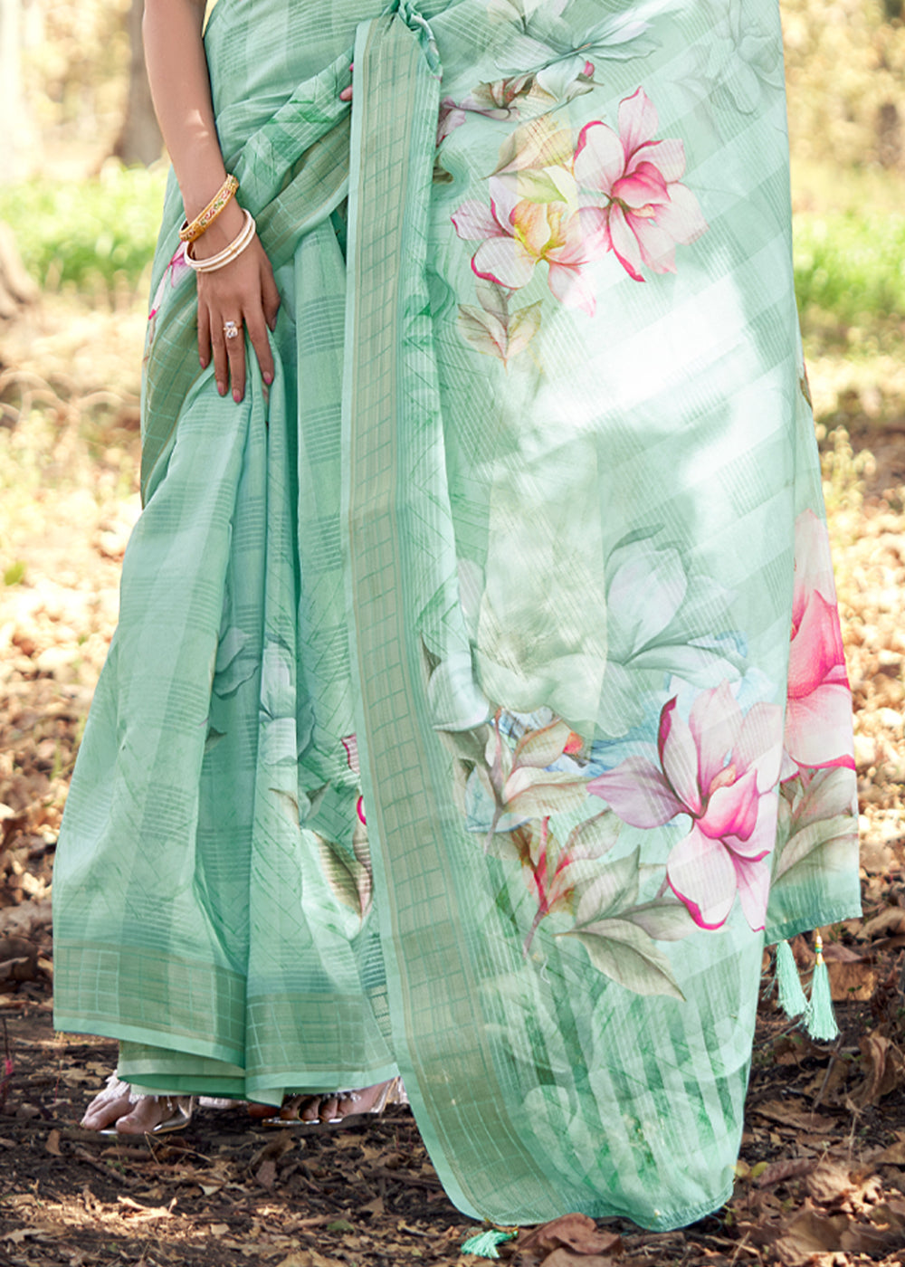 Shadow Green Floral Printed Cotton Silk Saree