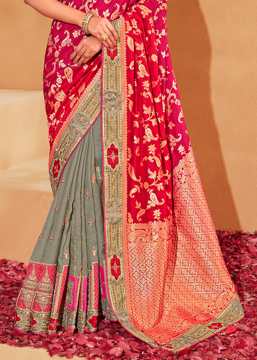 Cinnabar Red and Grey Embroidered Banarasi Silk Saree