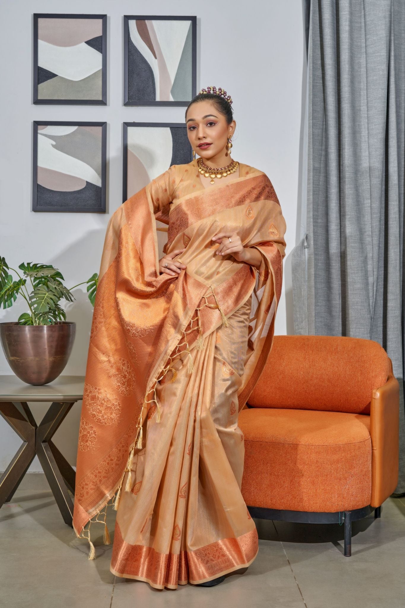 Chocolate Brown Woven Organza Tissue Silk Saree