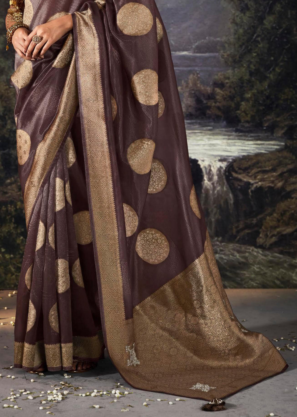 Woody Brown Woven Banarasi Organza Silk Saree