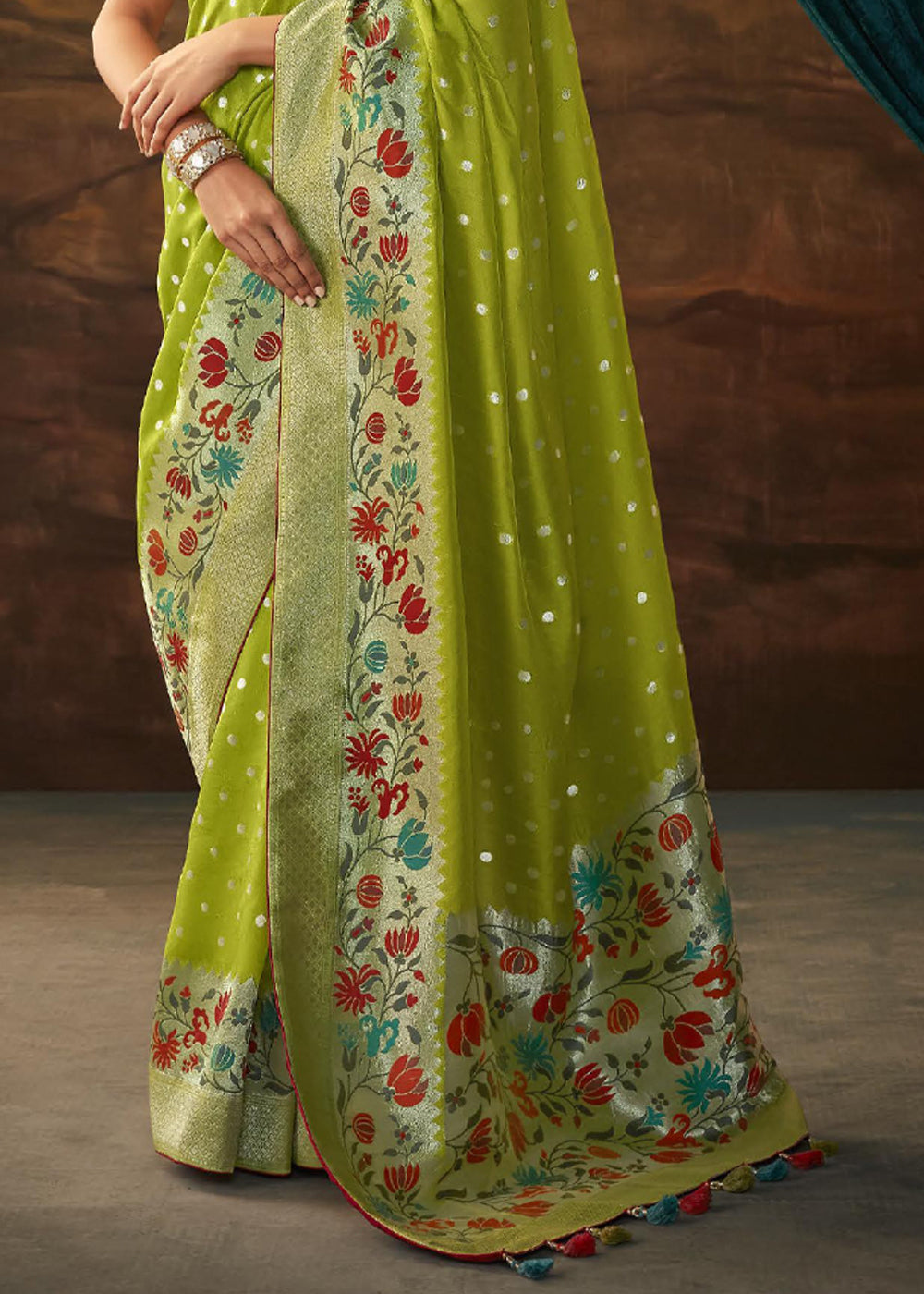 Alpine Green Woven Paithani Banarasi Soft Silk Saree