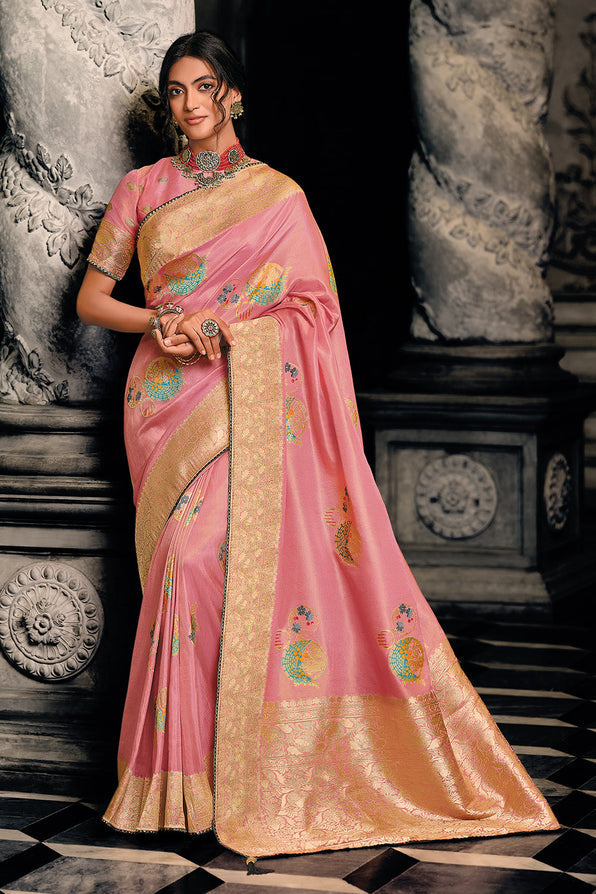 Sweet Pink Zari Woven Banarasi Saree