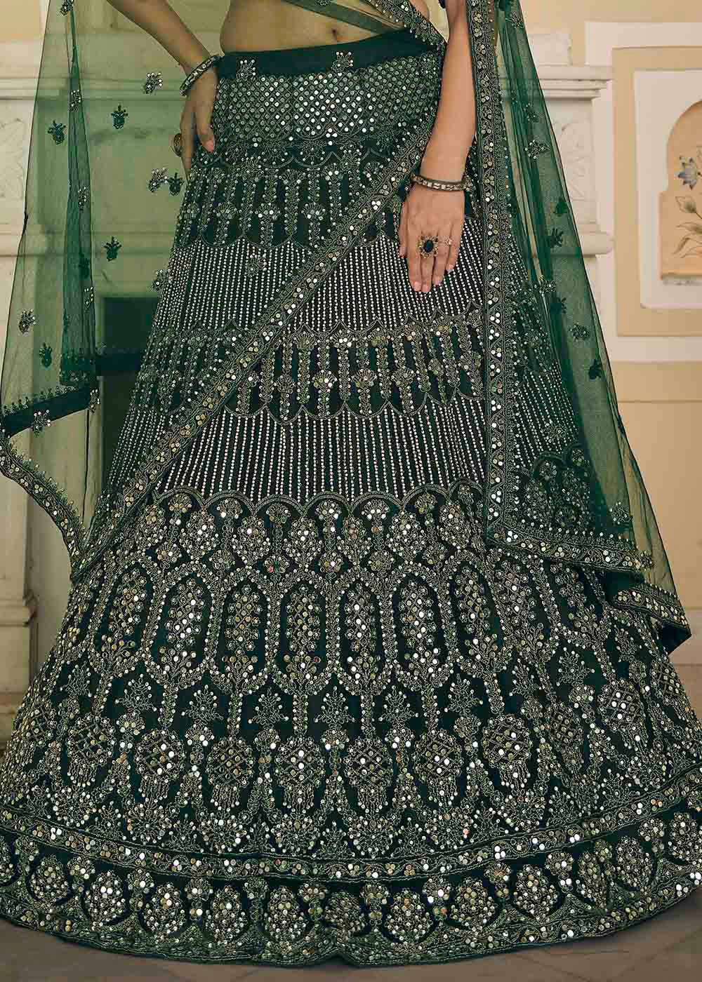 Leather Jacket Green Soft Net Lehenga Choli