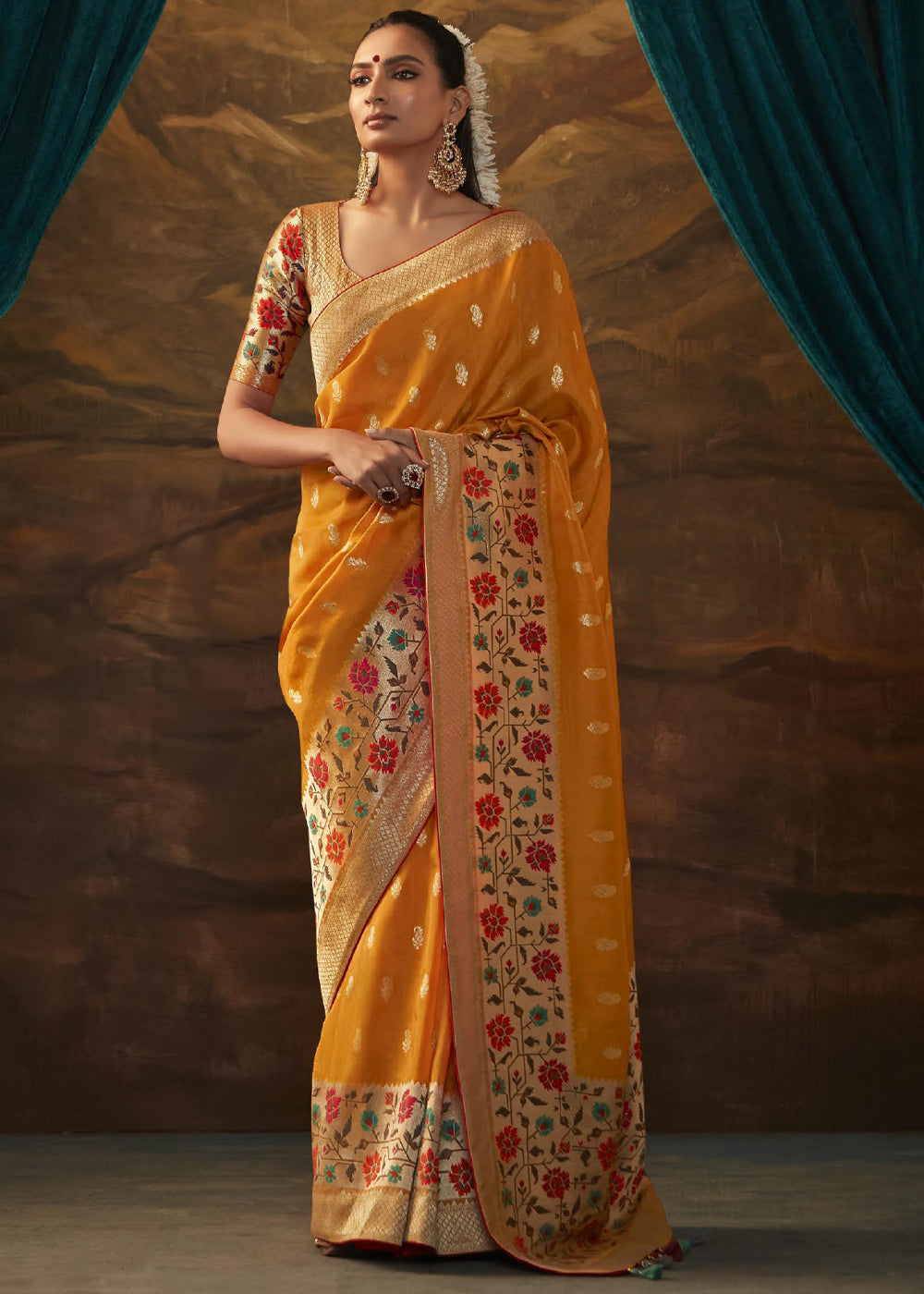 Meteor Orange Woven Paithani Banarasi Soft Silk Saree