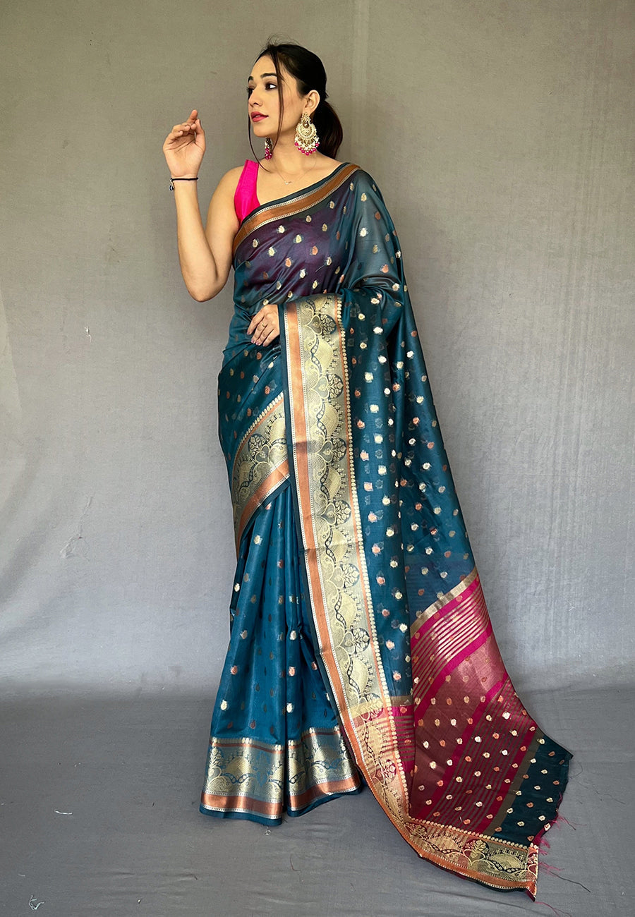 Shark Blue Zari Woven Organza Silk Saree